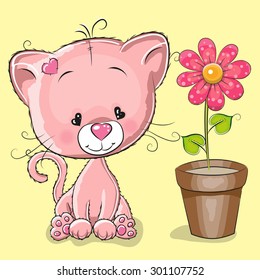 Greeting card cute cartoon Kitten with flower
