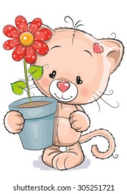 Greeting card cute cartoon Kitten with flower
