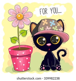 Greeting card Cute Cartoon Kitten with a flower
