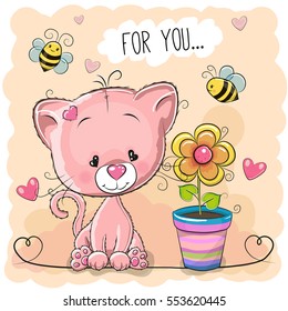 Greeting card cute cartoon Kitten with flower on orange background