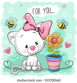 Greeting card cute cartoon Kitten with flower