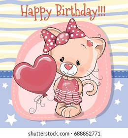 Greeting card Cute Cartoon Kitten with balloon