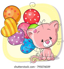 Greeting card Cute Cartoon Kitten with balloons