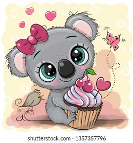 Greeting card Cute Cartoon Koala with cake