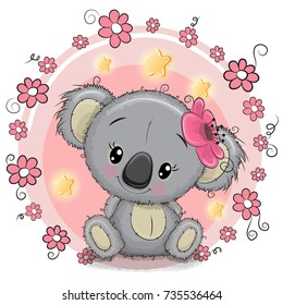 Greeting card Cute Cartoon Koala with flowers
