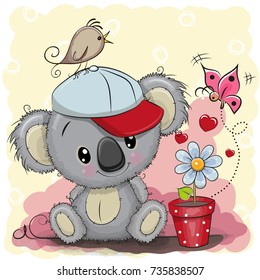 Greeting card cute cartoon Koala with flower