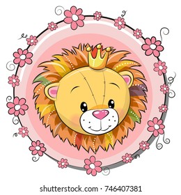 Greeting card cute cartoon Lion with flowers