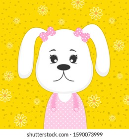 Greeting card cute cartoon little dog puppy on yellow background. Graphic element for fashion print design, greeting card, poster and t-shirt.  Vector illustration.