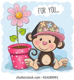 Greeting card Cute Cartoon Monkey with a flower