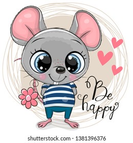 Greeting card Cute Cartoon Mouse with flowers