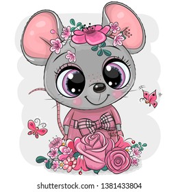 Greeting card Cute Cartoon Mouse with flowers