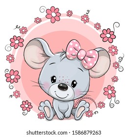 Greeting card Cute Cartoon Mouse with pink flowers