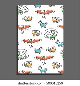 Greeting card with cute cartoon mythical beasts. Dragon, griffin, unicorn and phoenix. Childish pattern on white background