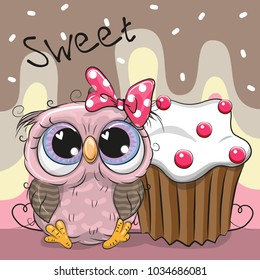 Greeting card Cute Cartoon Owl with cake