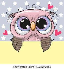 Greeting card cute Cartoon Owl is holding a placard on a stars background