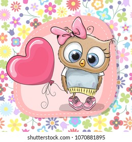 Greeting card Cute Cartoon Owl girl with balloon