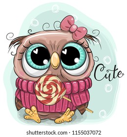 Greeting card Cute Cartoon Owl with lollipop