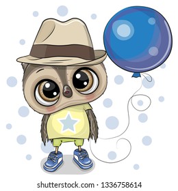 Greeting card Cute Cartoon Owl Boy with blue balloon