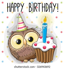 Greeting card cute Cartoon Owl and cake 