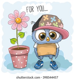 Greeting card Cute Cartoon Owl with flower