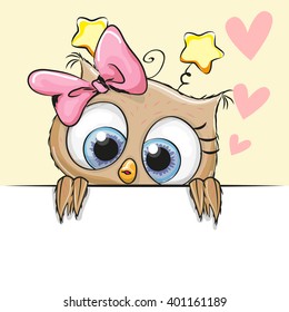 Greeting card cute Cartoon Owl Girl with hearts