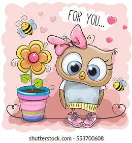 Greeting card Cute Cartoon Owl with flower