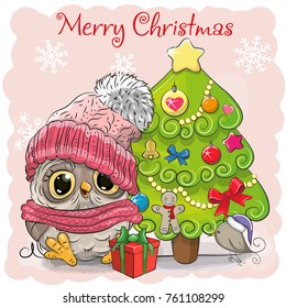 Greeting card Cute Cartoon Owl in a hat and scarf