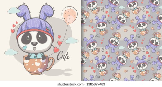Greeting card Cute Cartoon panda with seamless pattern. Can be used for kids/babies shirt design, fashion print design,t-shirt, kids wear,textile design,celebration card/ greeting card, vector