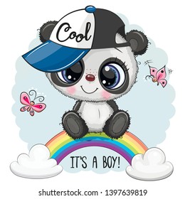 Greeting Card Cute Cartoon Panda boy is sitting on the rainbow