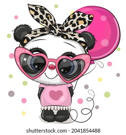 Greeting card Cute Cartoon Panda in a pink glasses with balloon