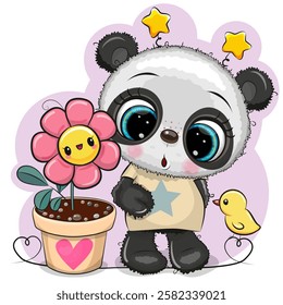 Greeting card cute cartoon Panda with flower