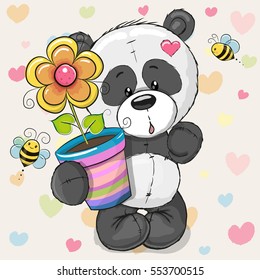 Tarjeta de saludo tierno caricatura Panda con flor