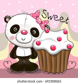 Greeting card Cute Cartoon Panda with cake