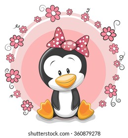 Greeting card cute cartoon Penguin with flowers