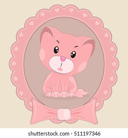Greeting card cute cartoon penguin  on a pink background. Beautiful frame.