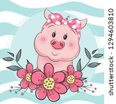 greeting card cute cartoon pig with flower in blue background