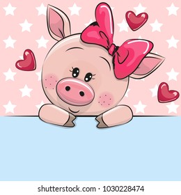 Greeting card cute Cartoon Pig is holding a placard on a stars background
