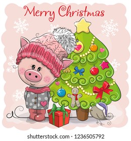 Greeting card Cute Cartoon Pig in a hat and scarf