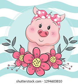 greeting card cute cartoon pig with flower in blue background