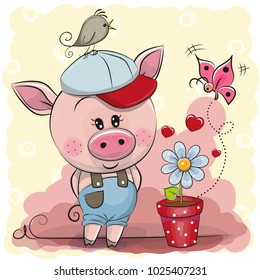 Greeting card cute cartoon Piggy boy with flower