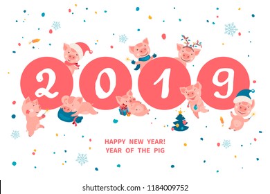 Greeting card with cute cartoon pigs, symbol of 2019 Chinese New year. Piglets in Santa's hats and mittens cheerfully celebrating, decorating the Christmas tree, preparing gifts, lighting sparkler