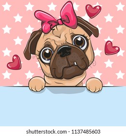 Greeting card cute Cartoon Pug Dog Girl is holding a placard on a stars background