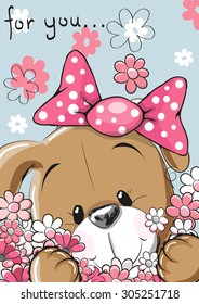 Greeting card cute cartoon Puppy with flowers