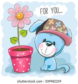 Greeting card Cute Cartoon Puppy with flower
