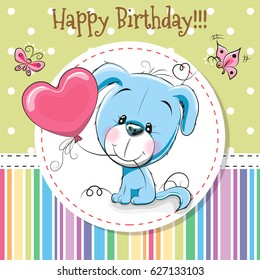 Greeting card Cute Cartoon Puppy with a flower