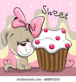 Greeting card Cute Cartoon Puppy with cake