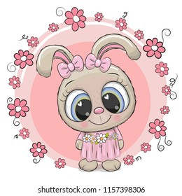 Greeting card Cute cartoon Rabbit with flowers