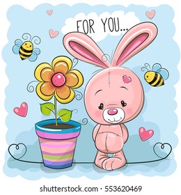 Greeting card cute cartoon Rabbit with flower on a blue background