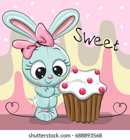 Greeting card Cute Cartoon Rabbit with cake