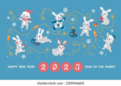 Greeting card with cute cartoon rabbits, symbol of 2023 Chinese New Year. Bunnies in Santa s hats and mittens cheerfully celebrating, decorating the Christmas tree, preparing gifts, lighting sparklers